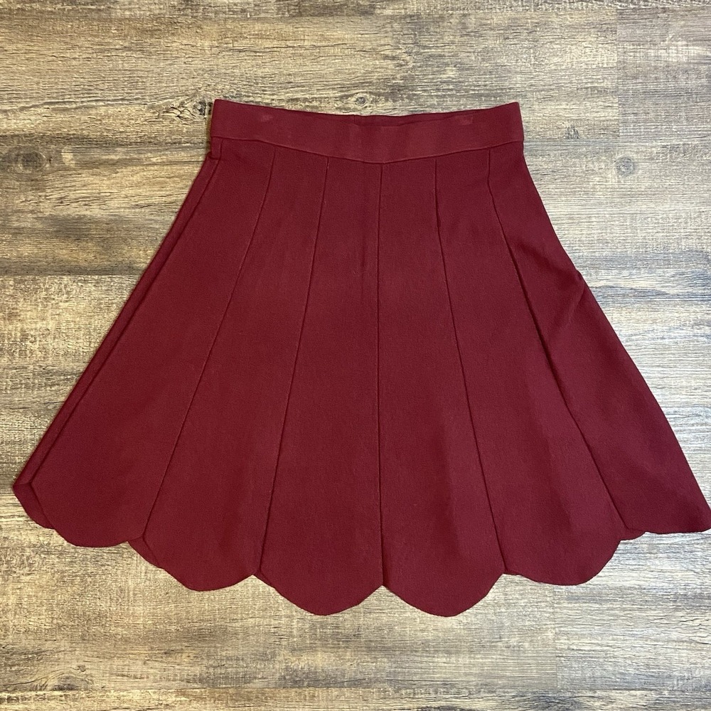 Olivia & Grace Womens Burgandy Scalloped Skirt Large Pleated‎ Fit Flare Preppy